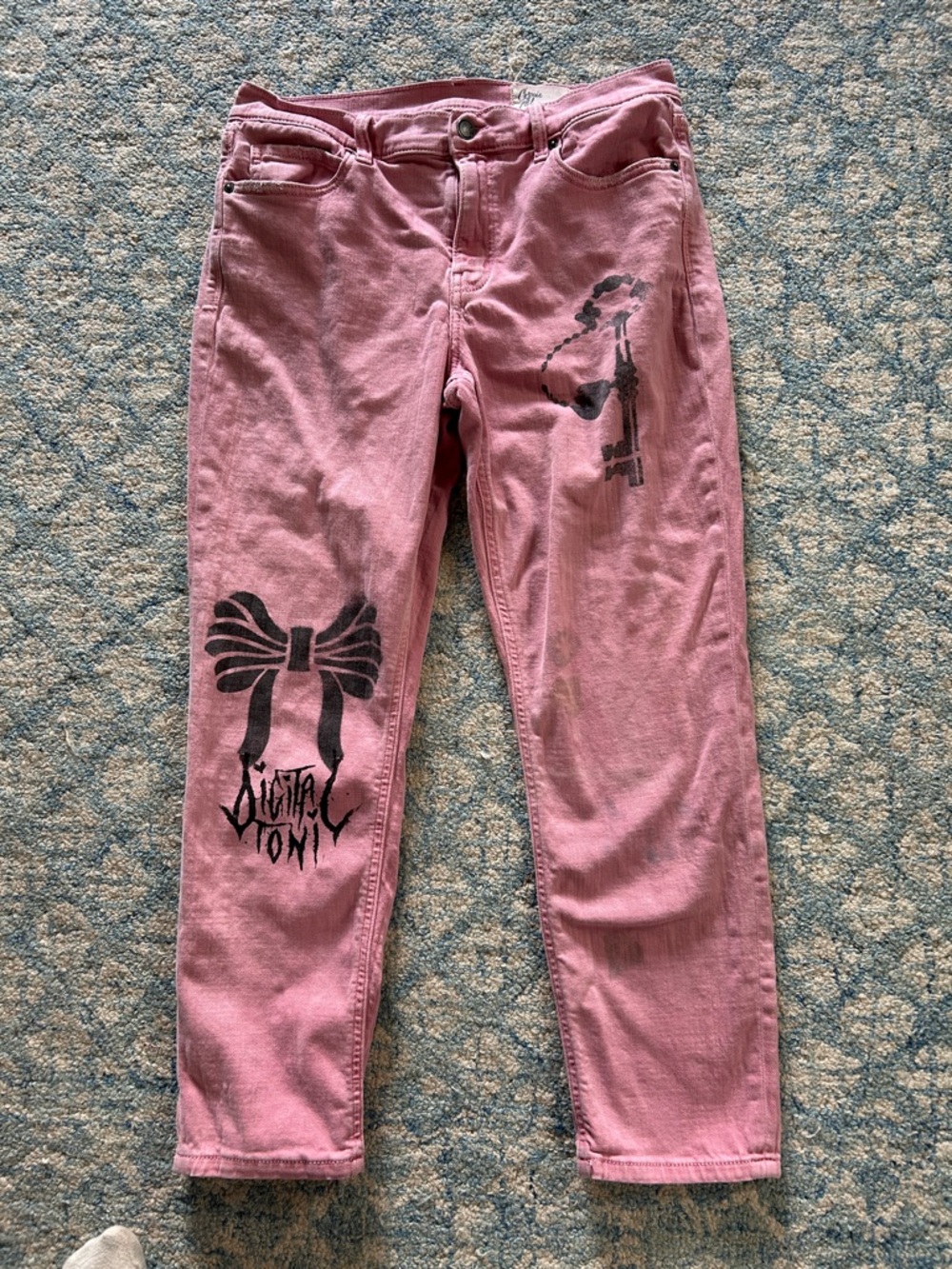 Upcycled wearable art Pink Graphic Bow Jeans